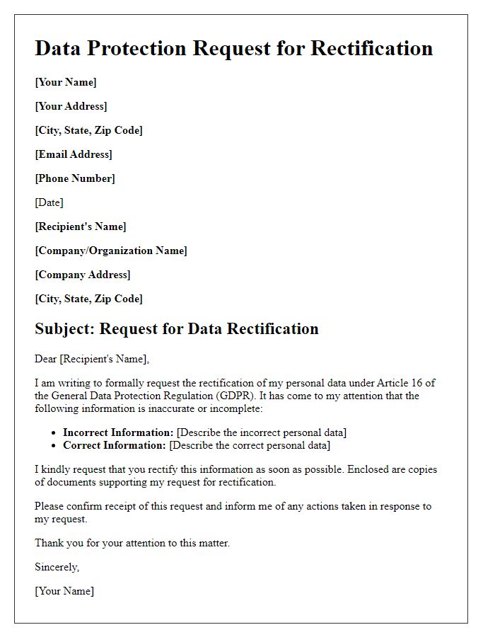 Letter template of data protection request for data rectification.