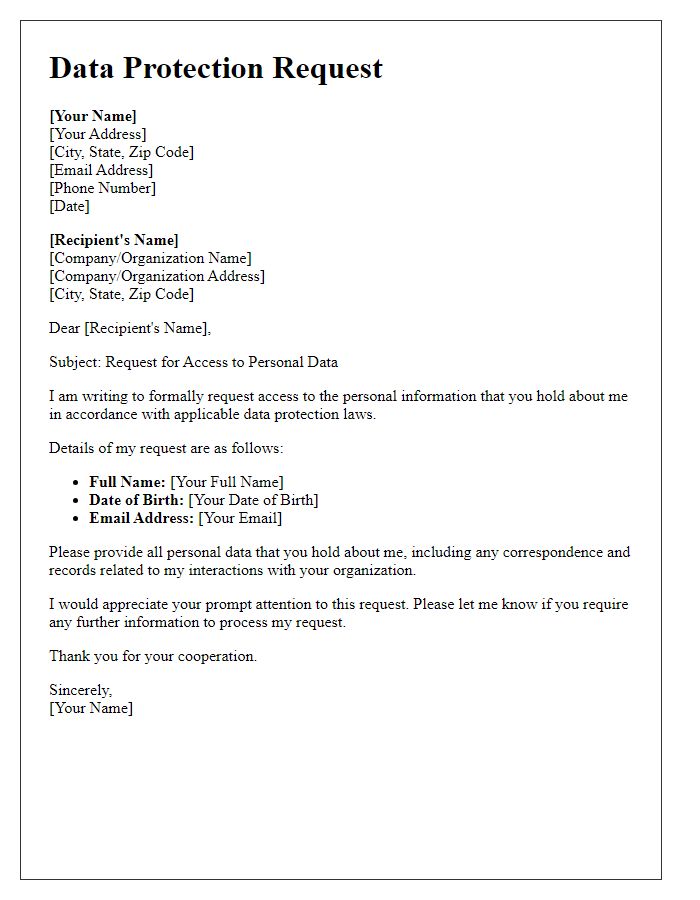 Letter template of data protection request for personal information.