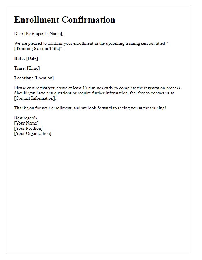 Letter template of enrollment confirmation for training session