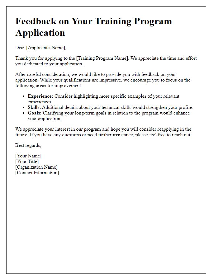 Letter template of feedback on training program application