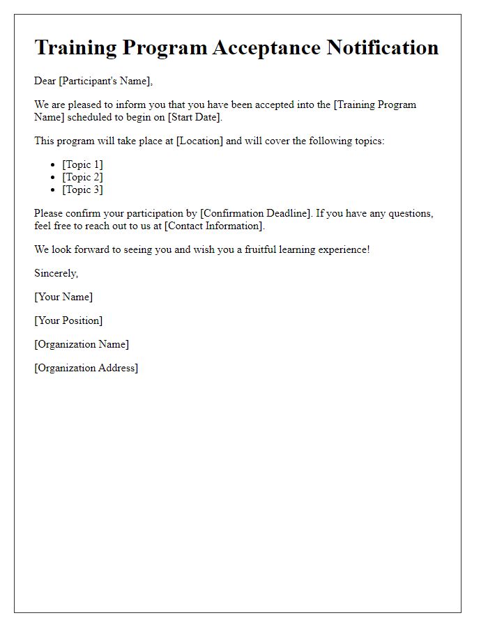 Letter template of notification for training program acceptance