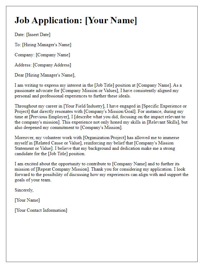 Letter template of aligning personal experience with company mission in job application.