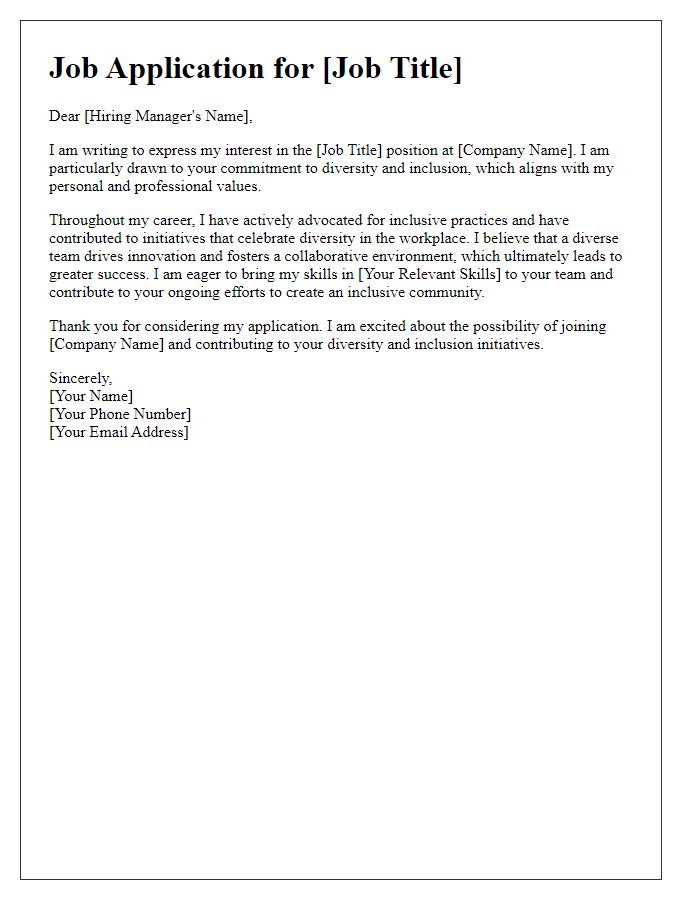 Letter template of emphasizing diversity and inclusion alignment in job application.
