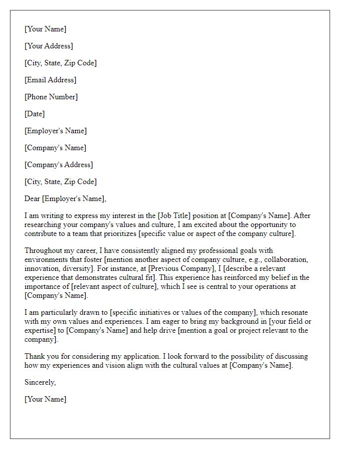 Letter template of highlighting cultural fit in job application.
