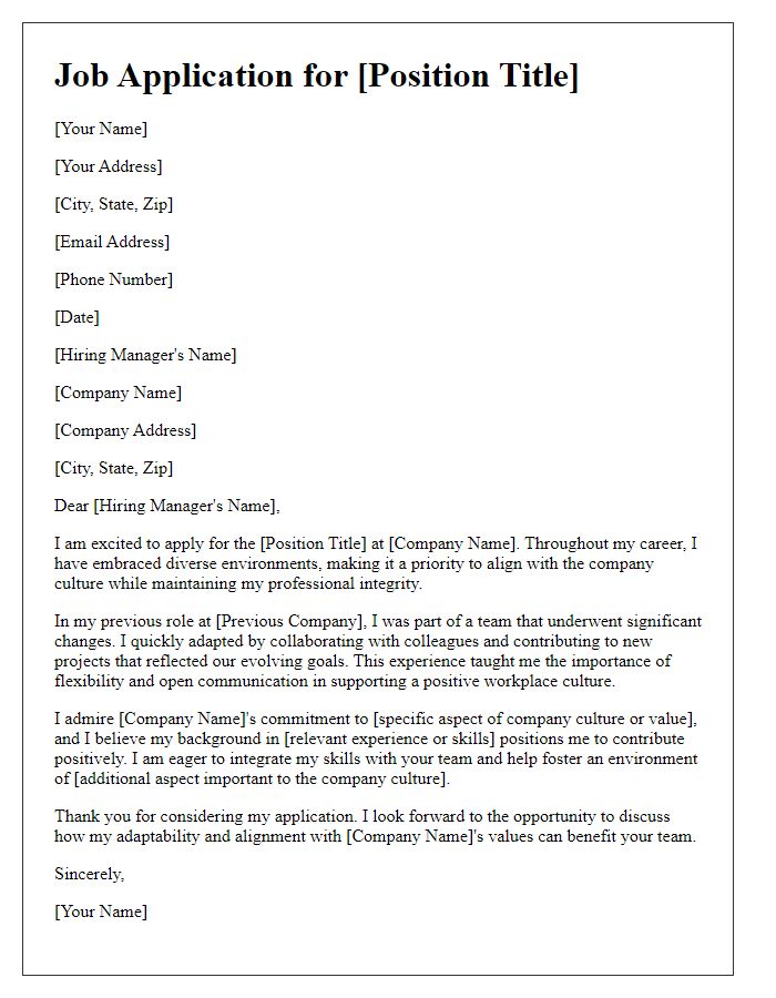 Letter template of showcasing adaptability to company culture in job application.