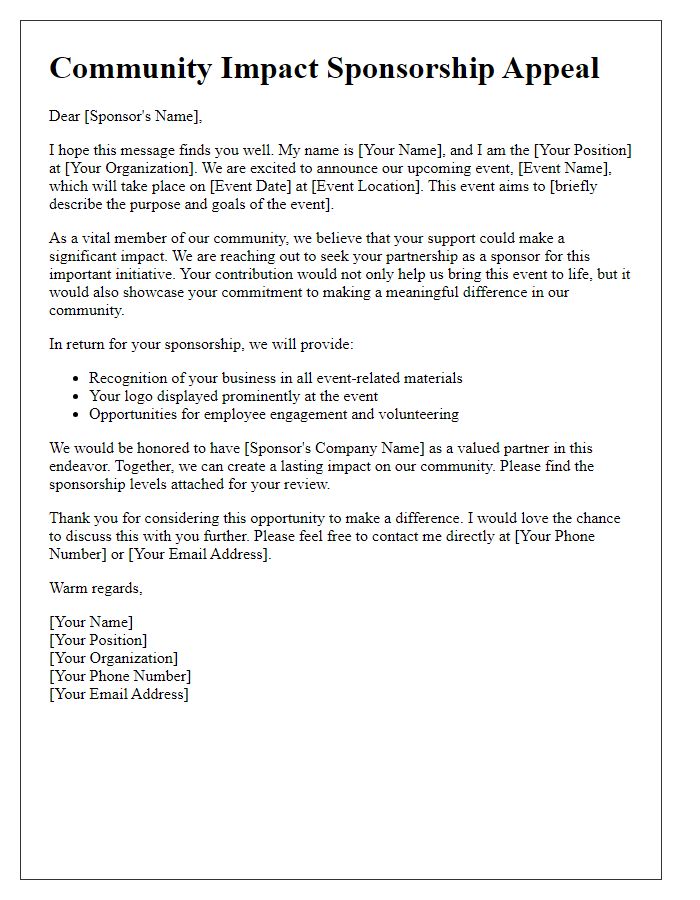 Letter template of community impact sponsorship appeal for an event