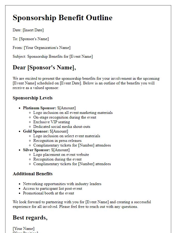 Letter template of sponsorship benefit outline for corporate events