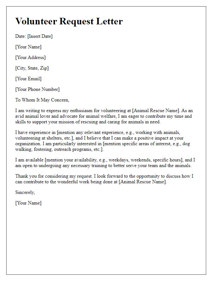 Letter template of request to volunteer at an animal rescue.