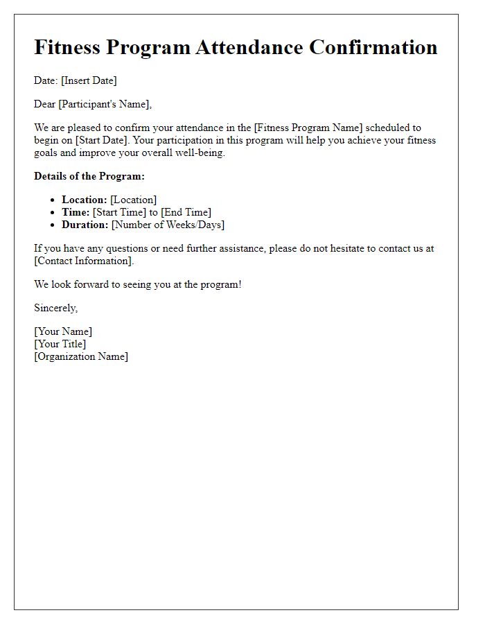 Letter template of fitness program attendance confirmation