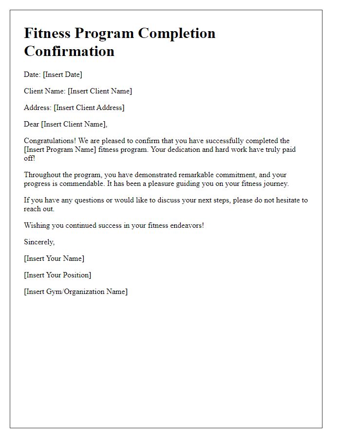 Letter template of fitness program completion confirmation