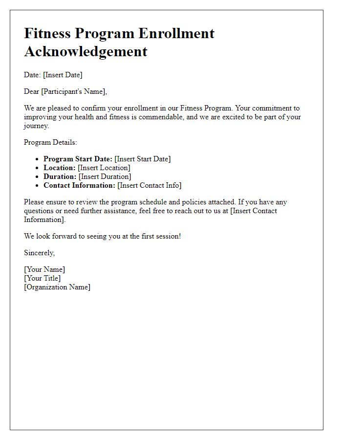 Letter template of fitness program enrollment acknowledgement