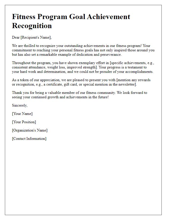 Letter template of fitness program goal achievement recognition