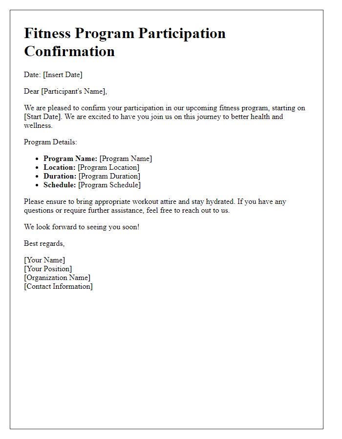 Letter template of fitness program participation confirmation