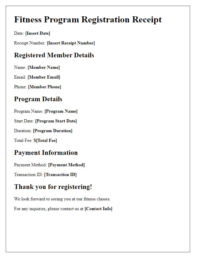 Letter template of fitness program registration receipt