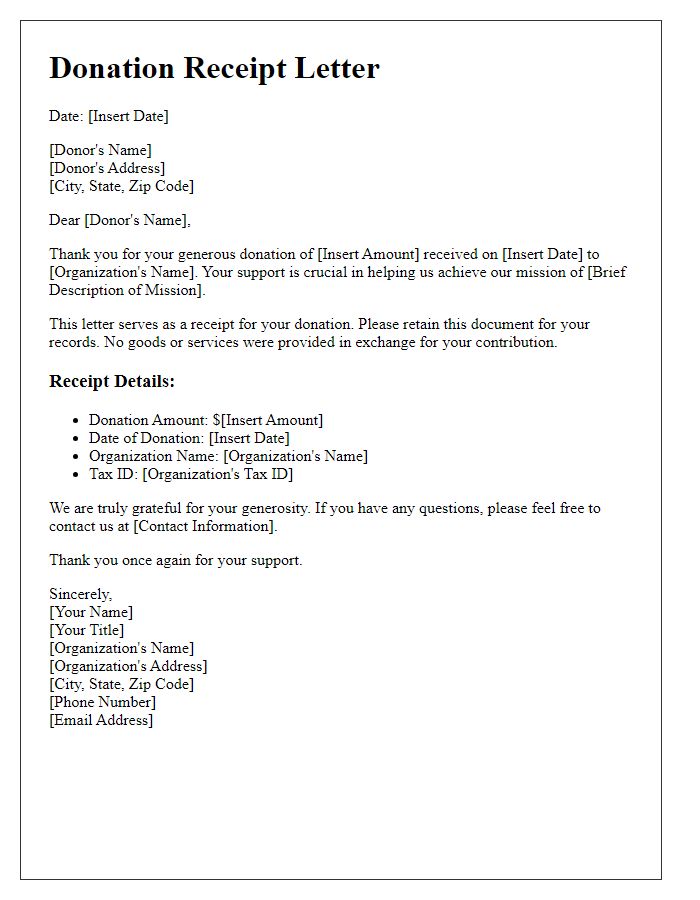 Letter template of donation letter with receipt details