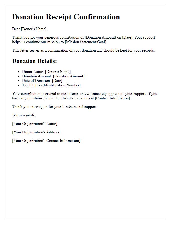 Letter template of donation receipt confirmation for charitable contributions