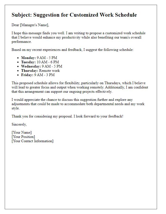 Letter template of suggestion for customized work schedule