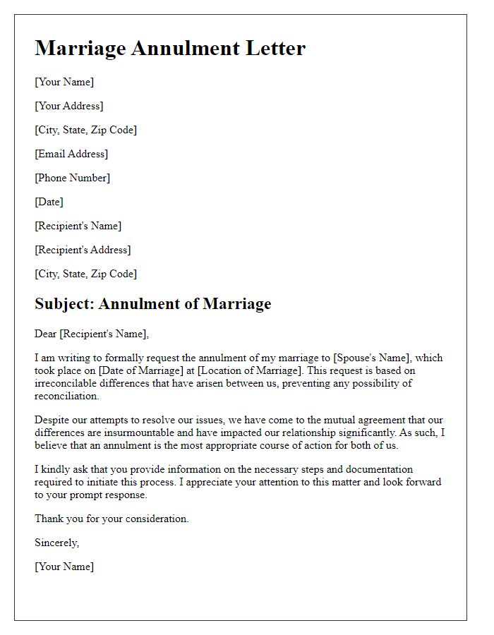 Letter template of marriage annulment citing irreconcilable differences.