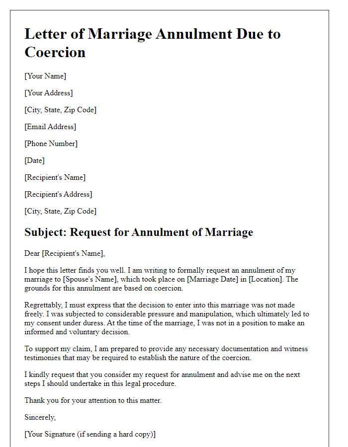 Letter template of marriage annulment due to coercion.