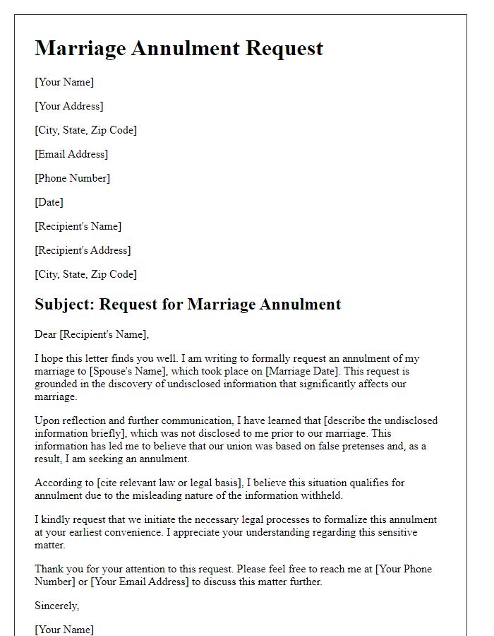 Letter template of marriage annulment due to undisclosed information.