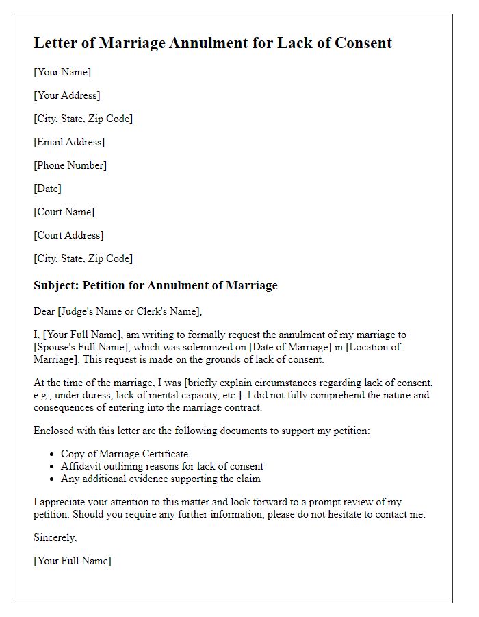 Letter template of marriage annulment for lack of consent.