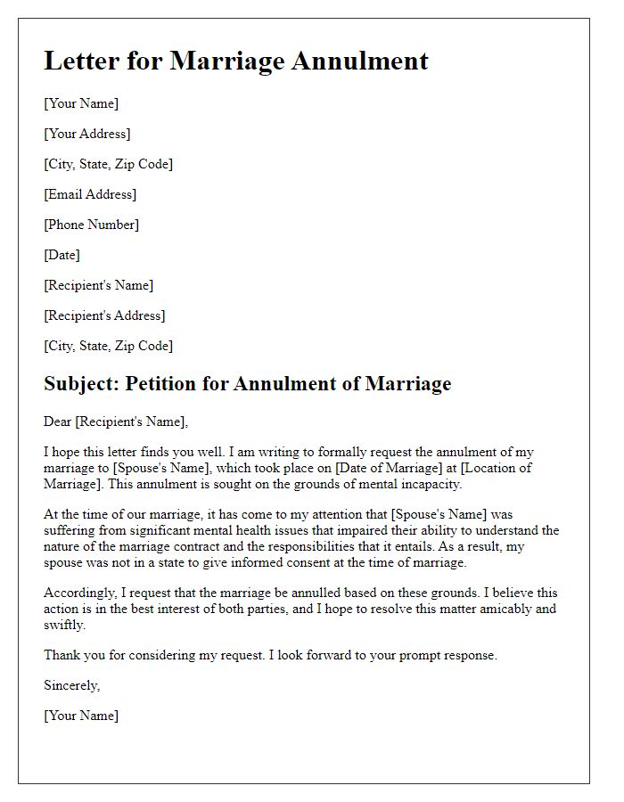 Letter template of marriage annulment on grounds of mental incapacity.