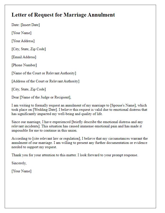 Letter template of marriage annulment request for emotional distress.