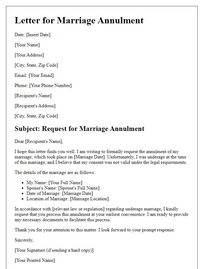 Letter template of marriage annulment for underage marriage.