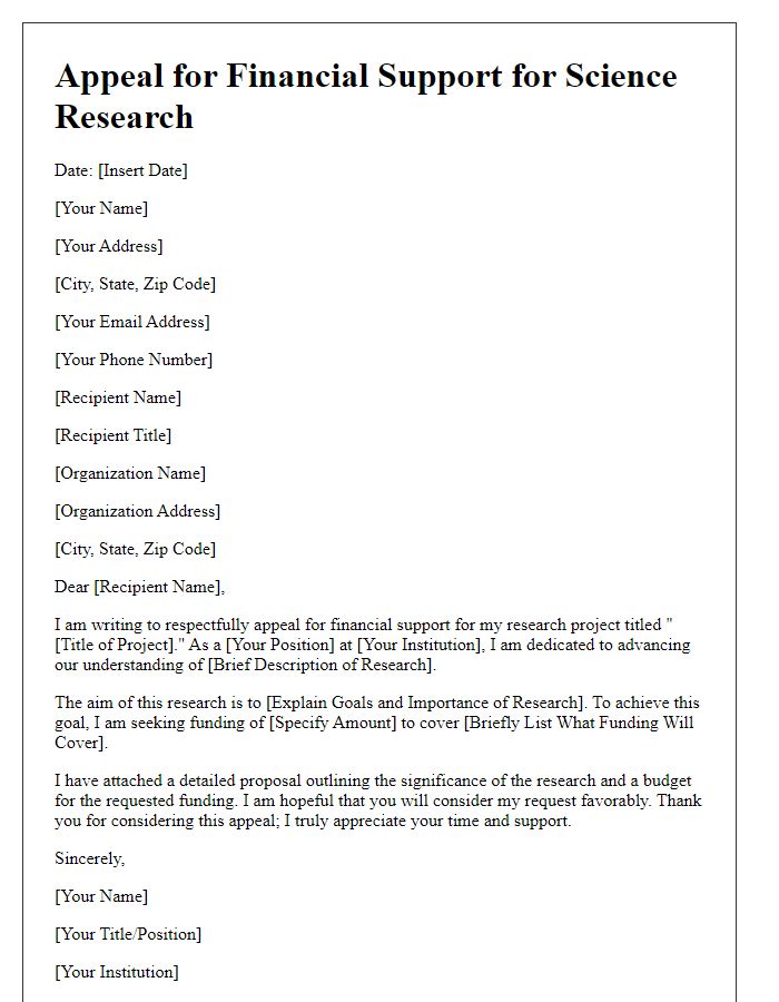 Letter template of appeal for science research financial support