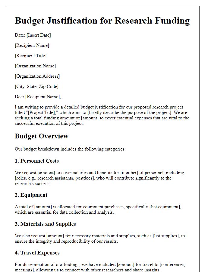 Letter template of budget justification for science research funding