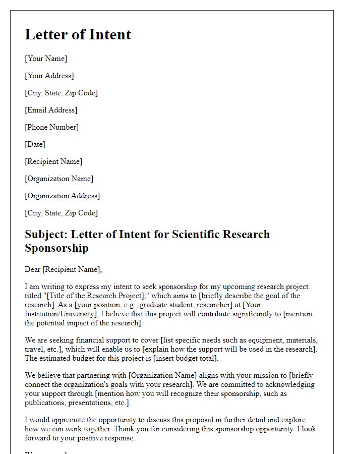 Letter template of intent for scientific research sponsorship