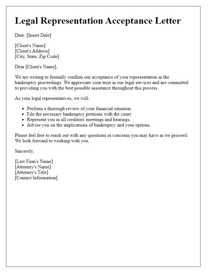 Letter template of legal representation acceptance for bankruptcy proceedings.