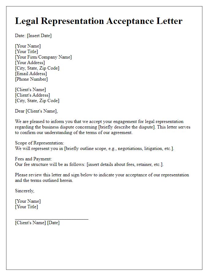 Letter template of legal representation acceptance for business disputes.