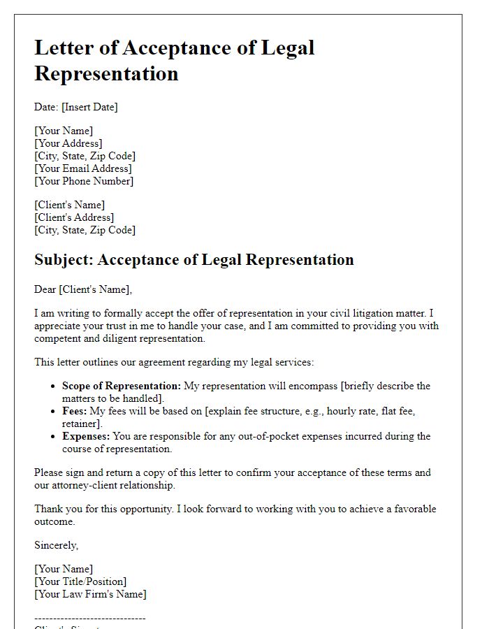 Letter template of legal representation acceptance for civil litigation.