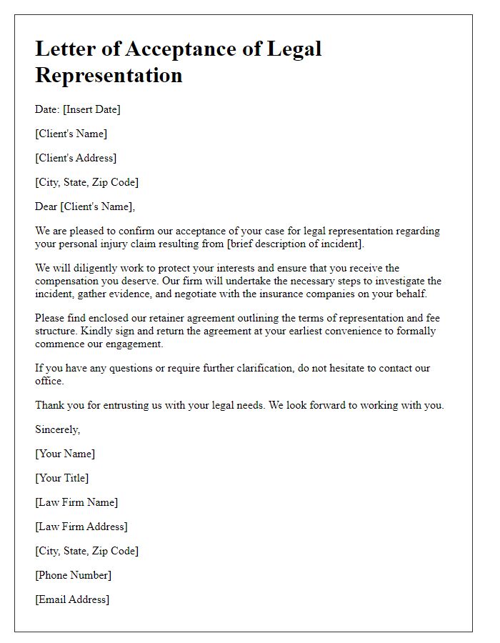 Letter template of legal representation acceptance for personal injury cases.