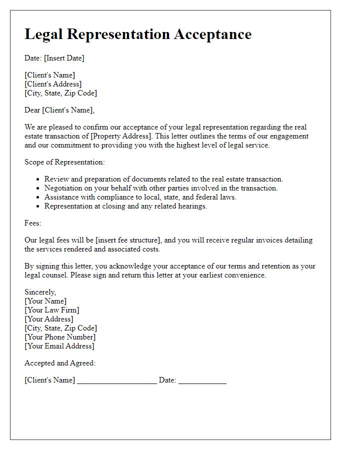 Letter template of legal representation acceptance for real estate transactions.