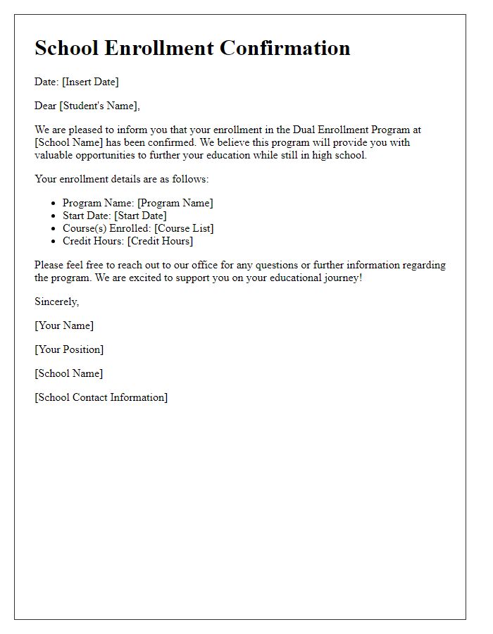 Letter template of School Enrollment Confirmation for Dual Enrollment Programs