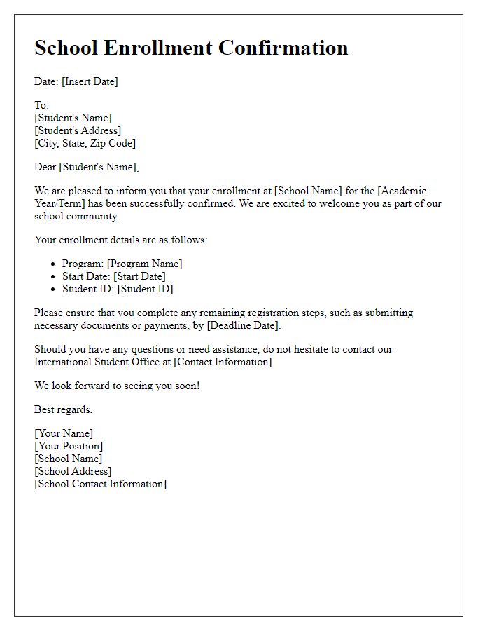 Letter template of School Enrollment Confirmation for International Students