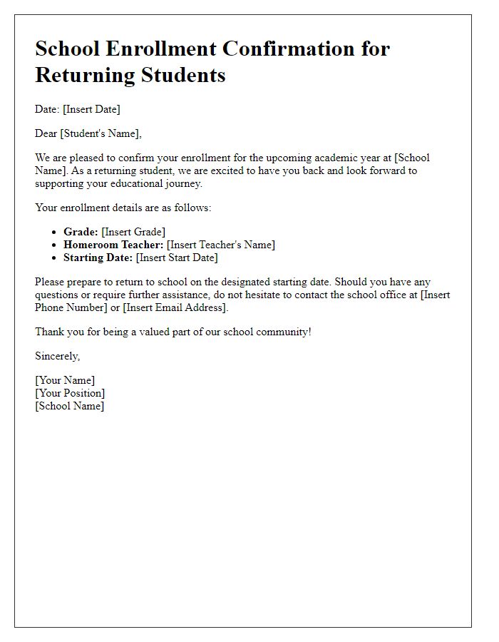 Letter template of School Enrollment Confirmation for Returning Students