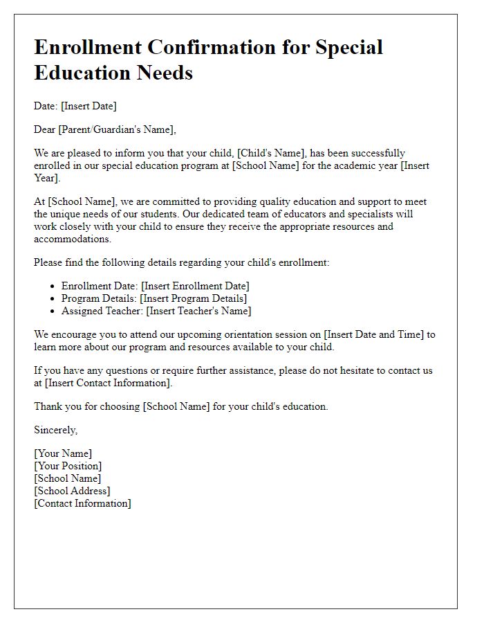 Letter template of School Enrollment Confirmation for Special Education Needs