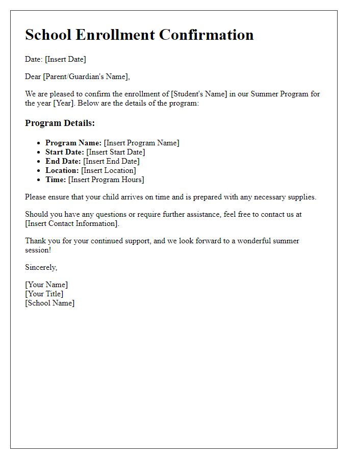 Letter template of School Enrollment Confirmation for Summer Programs