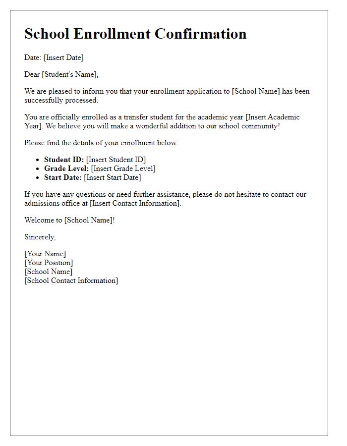 Letter template of School Enrollment Confirmation for Transfer Students