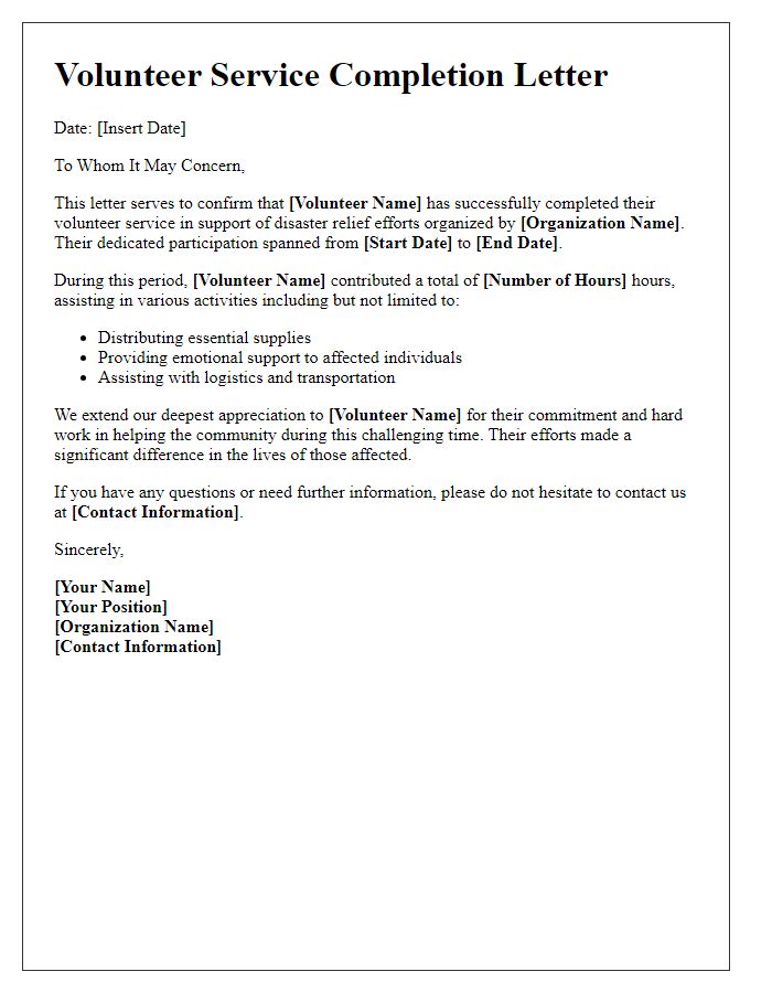 Letter template of volunteer service completion for disaster relief efforts.