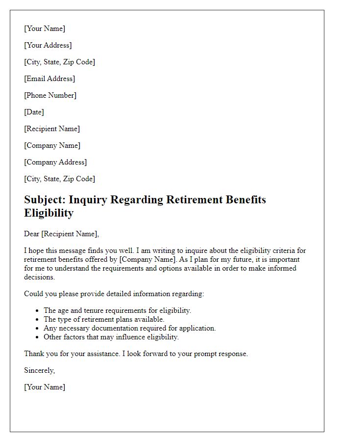 Letter template of question about retirement benefits eligibility criteria.