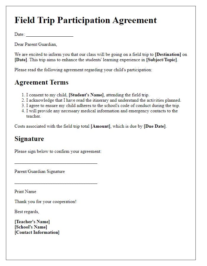 Letter template of agreement for student field trip participation.