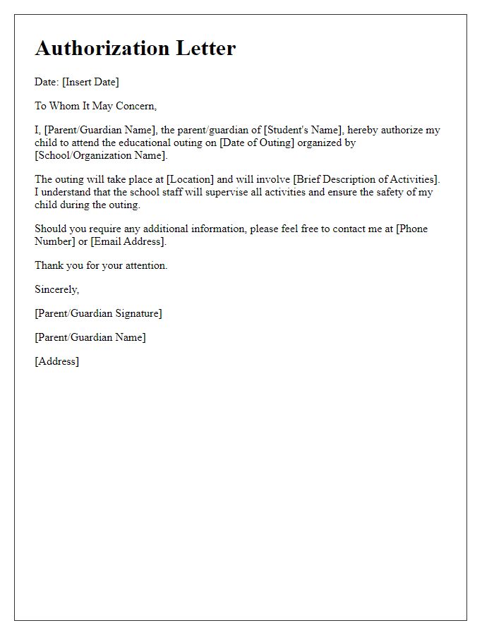 Letter template of authorization for educational outing.