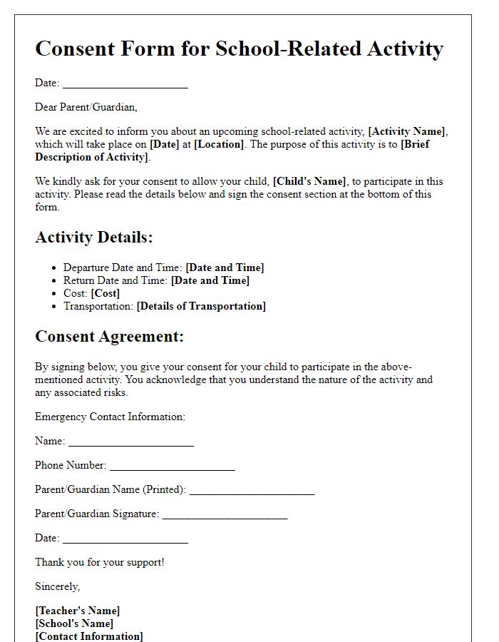 Letter template of consent form for school-related activity.