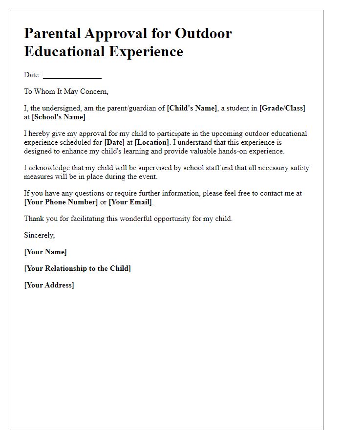 Letter template of parental approval for outdoor educational experience.