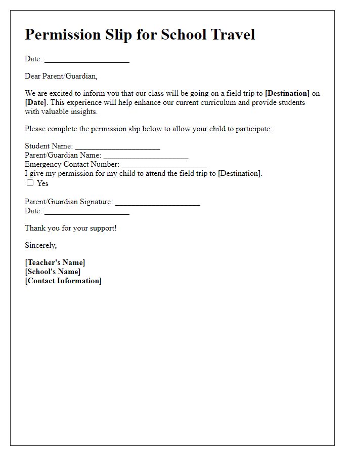 Letter template of permission slip for school travel.