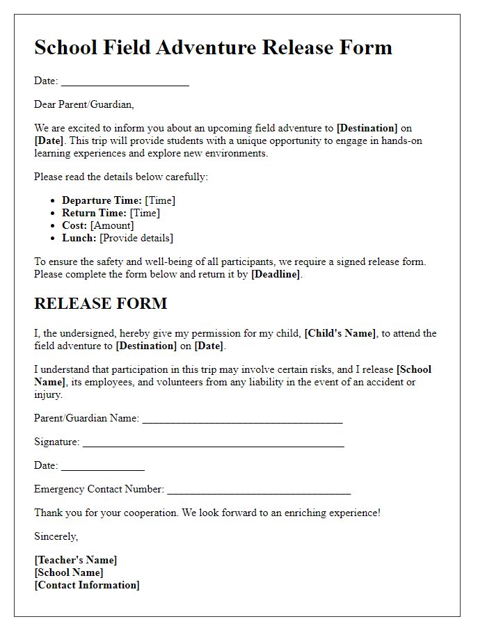 Letter template of release form for school field adventure.